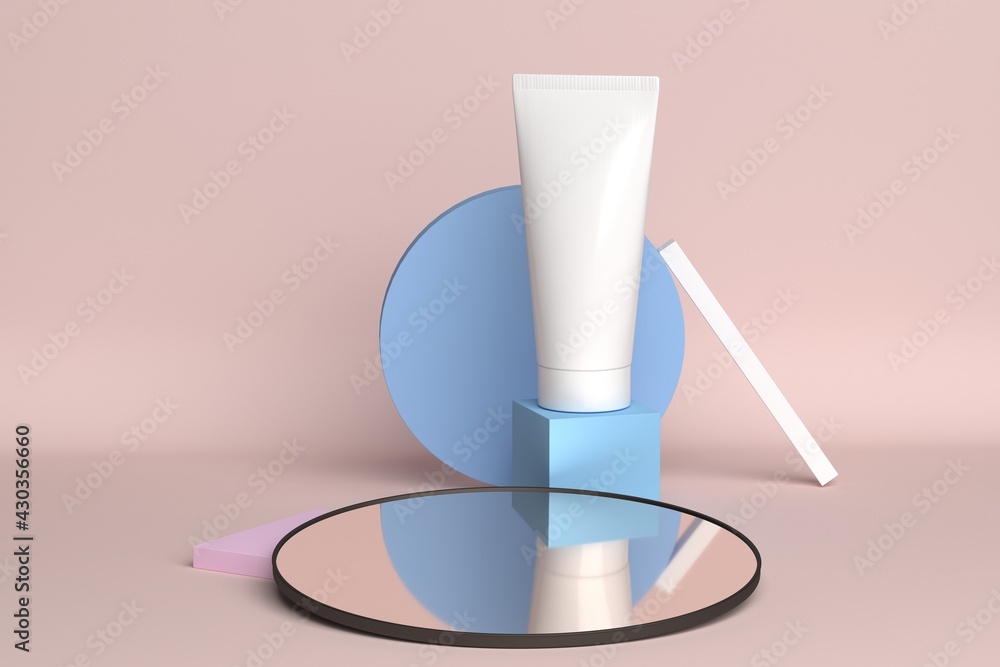 Presentation of cream on a light background, minimalist style. Scene with geometric shapes. Free and clean bottle for brand presentations of their products, 3D rendering. Presentation of cream on a light background, minimalist style. Scene with geometric shapes. Free and clean bottle for brand presentations of their products, 3D rendering.
