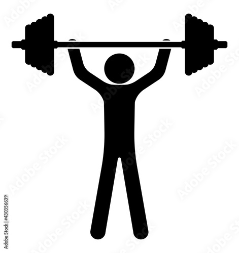 Stick figure, man lifts heavy barbell over his head. Fitness and bodybuilding classes in gym. Vector