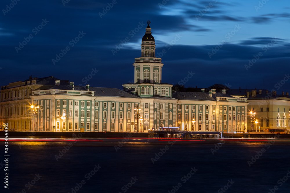 building of the Kunstkammer in St. Petersburg on night, Russia
