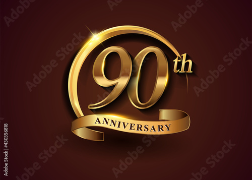 90th golden anniversary logo with gold ring and golden ribbon, vector design for birthday celebration, invitation card.