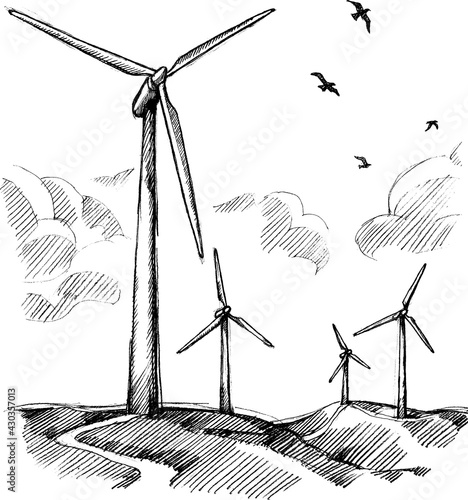 Wind Turbine, Green Energy Hand Drawn Sketch