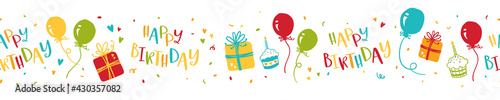 Cute hand drawn Birthday seamless pattern, fun background with balloons, cakes, gift boxes and decoration, great for wrapping, textiles, banners, wallpapers - vector design
