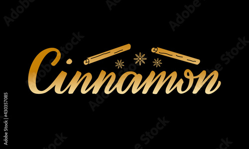 Vector illustration of cinnamon lettering for packages, product design, banner, sticker, spice shop price list and  decoration. Handwritten isolated word with a drawing for web or print

