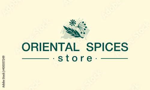 Vector illustration of oriental spices store logo for banner, poster, spice shop advertisement, signage, catalog, product design. Changeable text with floral graphic elements 
