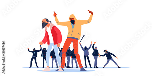 African American young man in mask screaming at protest for human rights. An aggressive protesters of Radical youth throws a cocktail Molotov at the riot police. Flat style vector illustration