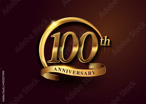 100th golden anniversary logo with gold ring and golden ribbon, vector design for birthday celebration, invitation card.