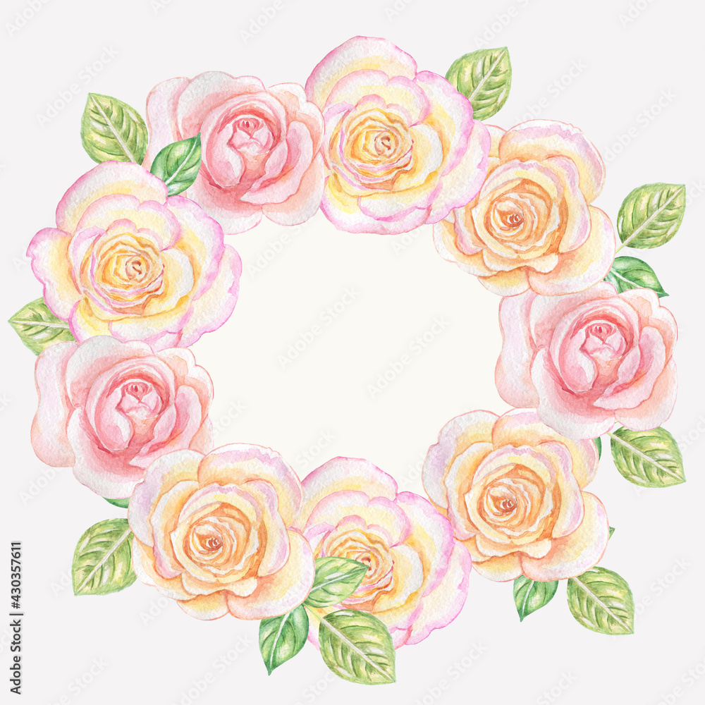 Watercolor frame with roses.For postcards, textile,design, notepad,wedding.