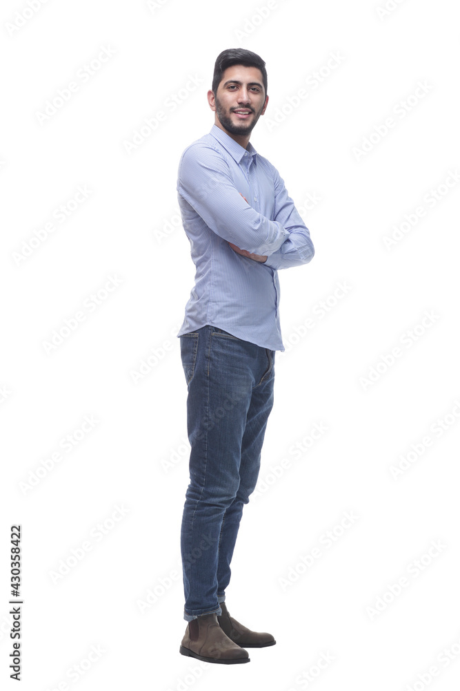 side view . confident young man looking at you. side view . confident young man looking at you.