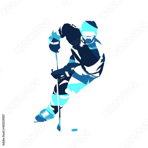 Ice hockey player, abstract blue isolated vector silhouette. Front view