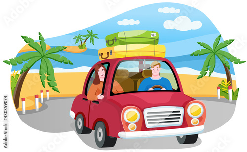 Family is going on vacation, journey on weekend by car. People in red vehicle on background of sunny palm beach having holidays. Couple is traveling with luggage. World globe vector illustration