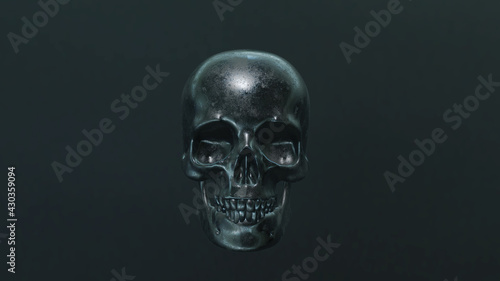 Menschlicher Schädel solo [frontal] Silber - vor dunkelgrünem Hintergrund | 3D Render Illustration 8K