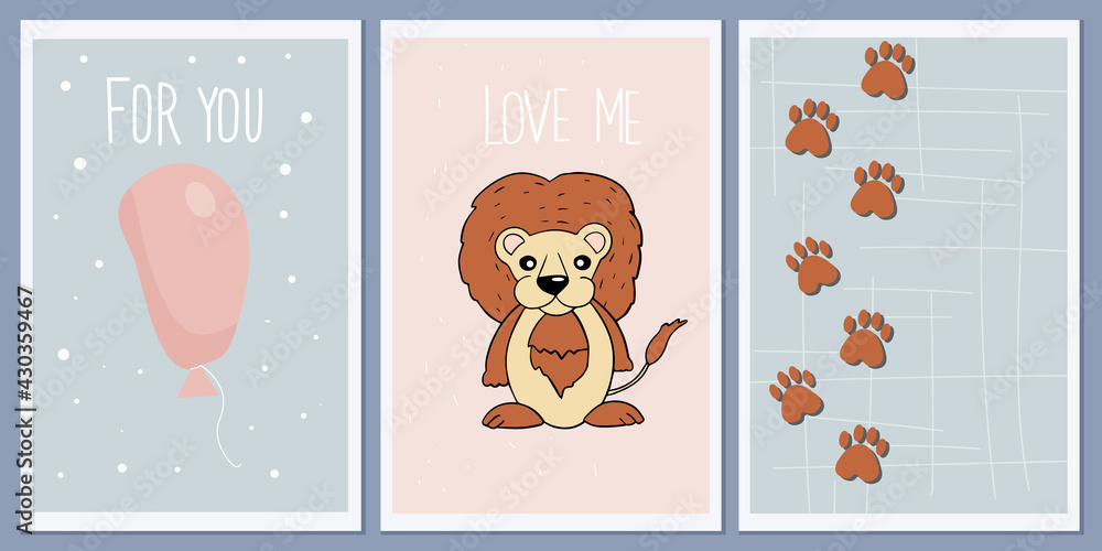 Set of templates for greeting cards and party invitations with animals. Cute lion. Baby background prints, paw prints. Designer vector abstract wall greeting posters. pastel colors Set of templates for greeting cards and party invitations with animals. Cute lion. Baby background prints, paw prints. Designer vector abstract wall greeting posters. pastel colors