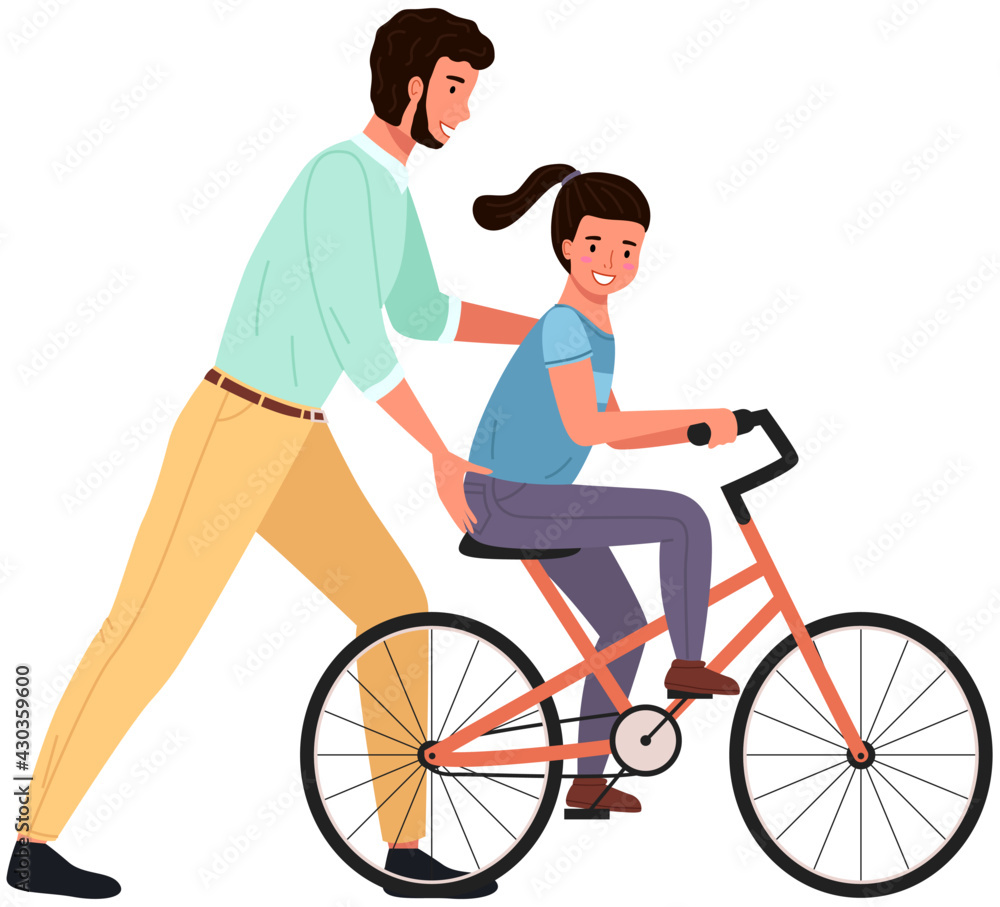 Caring dad teaching daughter to ride bike for first time. Father helping girl kid riding bicycle. Parenting, fatherhood concept. Parent actively spends time with child outdoors. Family walk in park Caring dad teaching daughter to ride bike for first time. Father helping girl kid riding bicycle. Parenting, fatherhood concept. Parent actively spends time with child outdoors. Family walk in park