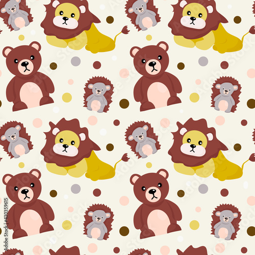 Seamless animal pattern. Cute teddy bear, lion and hedgehog. Forest dwellers. Cartoon vector print for children's clothes, wallpaper. Gift wrap, paper and fabric