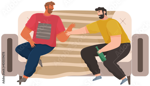 Drunk men sitting on couch and quarrelling. Male characters drink alcohol. Guys alcoholics with bottle of beer. Quarrel of drunk men with hangover. People spend time together at home with alcohol