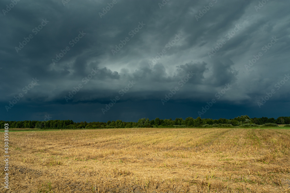 Obraz premium Storm supercell in gray sky over agricultural fields, Czulczyce, Poland
