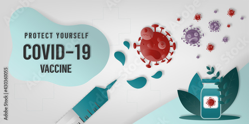 Coronavirus vaccine killing bacteria vector background. Covid-19 coronavirus vaccination with vaccine bottle and syringe injection tool for covid19 immunization treatment. Vector illustration.