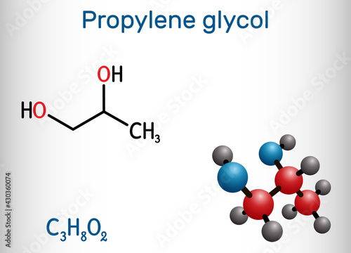 Propylene glycol (1,2-propanediol, propane-1,2-diol) molecule. It is  propanediol, humectant, antifreeze, food additive, E1520. Structural chemical formula and molecule model