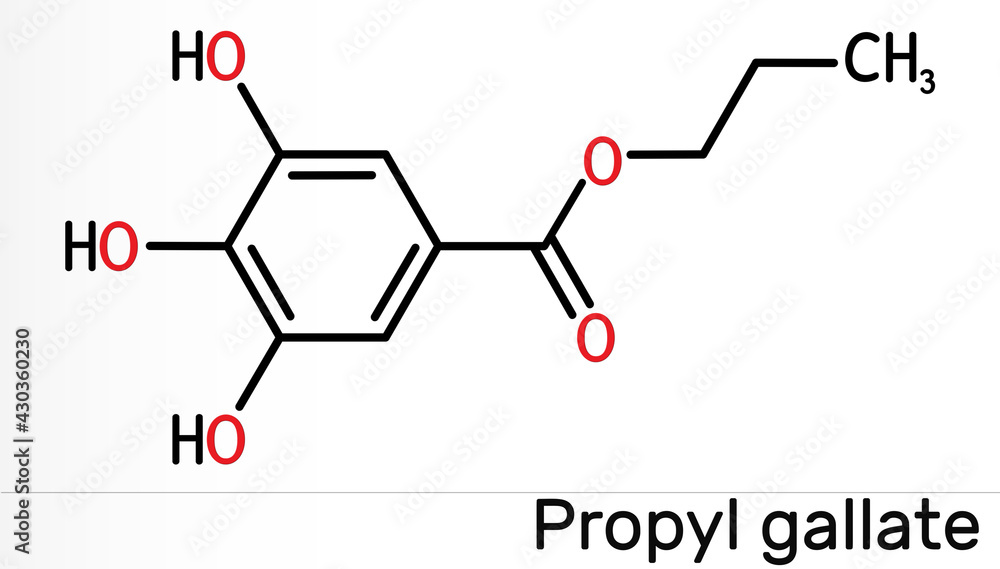 Propyl gallate, N-Propyl gallate molecule. It is antioxidant, food additive, E310. Skeletal chemical formula Propyl gallate, N-Propyl gallate molecule. It is antioxidant, food additive, E310. Skeletal chemical formula