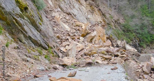 Rockslide over road and river Galbenul, in Gorj county, Romania. Landslide, natural disaster.