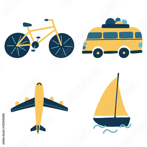 Transport set. Isolated vector elements, objects on a white background. Airplane and mobile home and bike and boat. Illustrations drawn by hands in flat