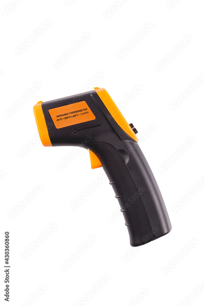 Yellow-black pyrometer isolated on white background. A device for non-contact temperature measurement. Yellow-black pyrometer isolated on white background. A device for non-contact temperature measurement.