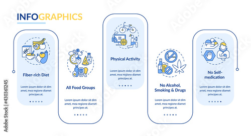 Liver health needs vector infographic template. Physical activity, no smoking presentation design elements. Data visualization with 5 steps. Process timeline chart. Workflow layout with linear icons