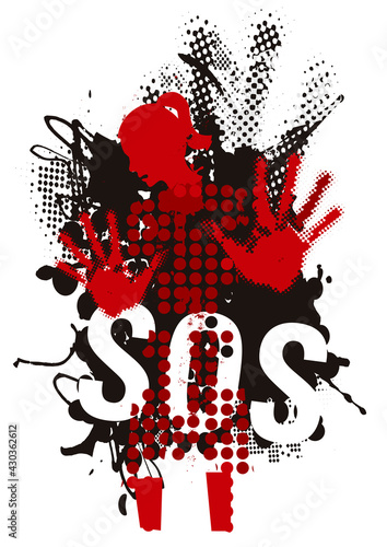 Abused young woman, SOS violence.
Grunge stylized woman silhouette with arms in defensive position and SOS inscription. Vector available.