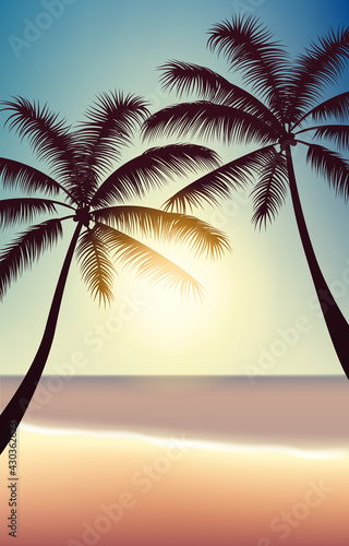 Summer background with beach and silhouettes of palm trees, evening coast, sand, sky and sun.