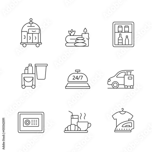 Hotel services linear icons set. Porter service for helping customers. Car parking for visitors. Customizable thin line contour symbols. Isolated vector outline illustrations. Editable stroke