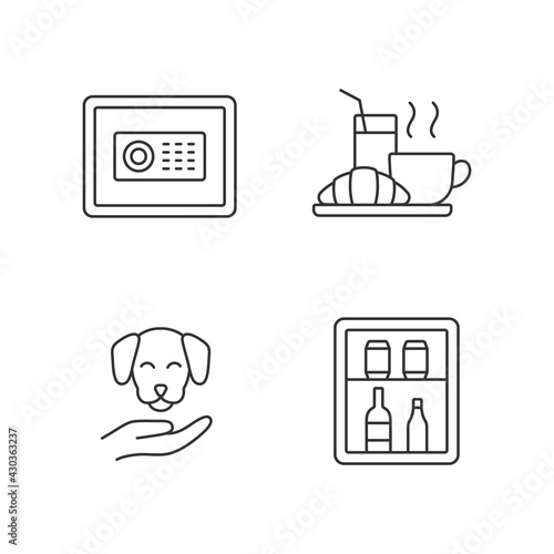Hotel services linear icons set. Minibar is small refrigeratorplaced in customer hotel rooms. Customizable thin line contour symbols. Isolated vector outline illustrations. Editable stroke
