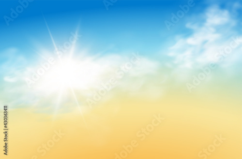 Realistic sky template with transparent cloud and sun. Blue background. Light effect. Realistic illustration.