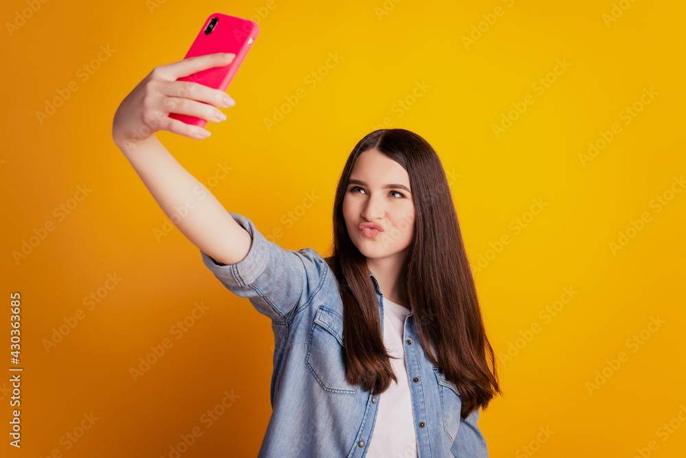 Portrait of lovely cheerful girl holding in hands telephone take selfie make cool grimace Portrait of lovely cheerful girl holding in hands telephone take selfie make cool grimace