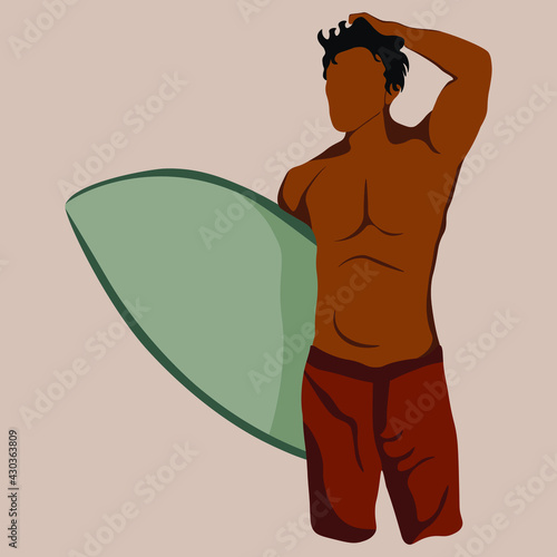 Men in shorts with surfboard. Happy guy on beach in swimsuit holding a surf. Cartoon summer male character.