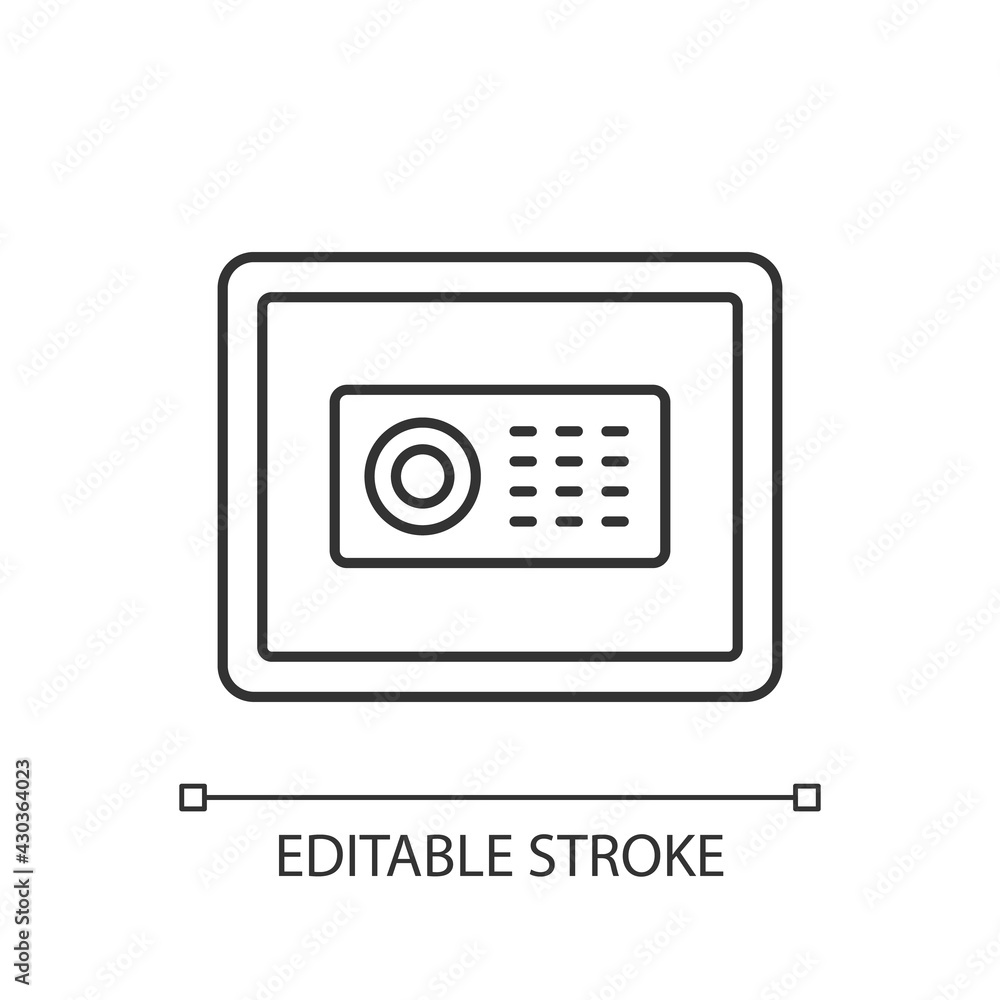 Safe linear icon. Store different amounts of cash and items you do not want anyone to see. Thin line customizable illustration. Contour symbol. Vector isolated outline drawing. Editable stroke Safe linear icon. Store different amounts of cash and items you do not want anyone to see. Thin line customizable illustration. Contour symbol. Vector isolated outline drawing. Editable stroke