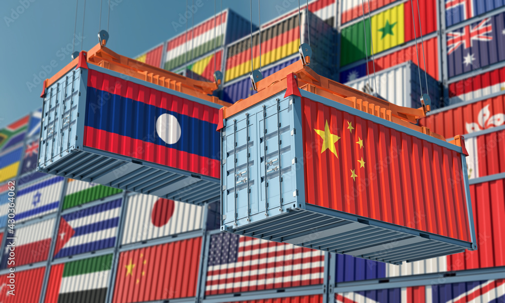 Freight containers with Laos and China national flags. 3D Rendering 