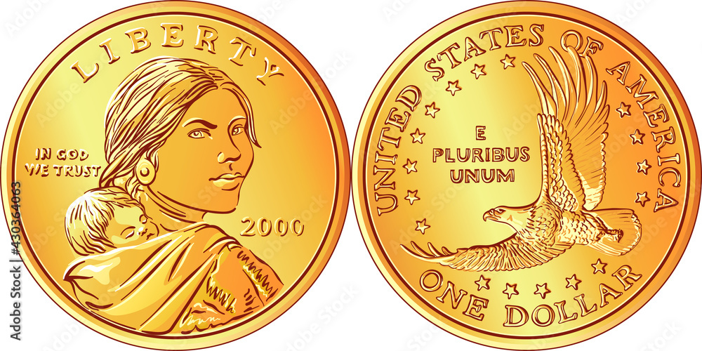 American money Sacagawea dollar, golden dollar coin, Sacagawea on
