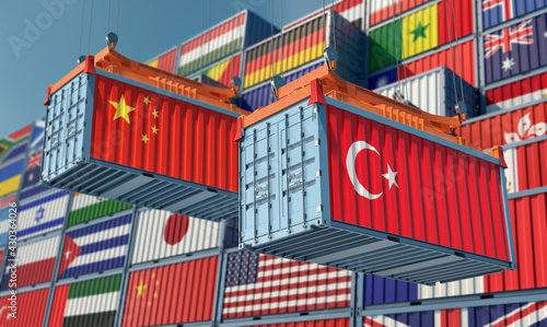 Photography Freight containers with Turkey and China national flags