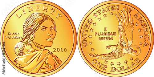 American money Sacagawea dollar, golden dollar coin, Sacagawea on obverse, flying eagle on reverse photo