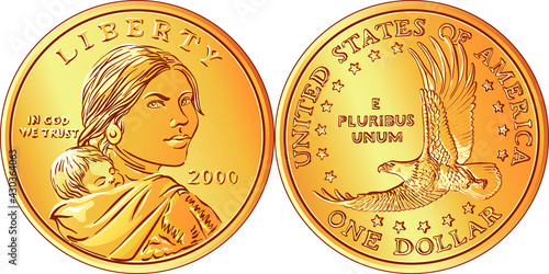 American money Sacagawea dollar, golden dollar coin, Sacagawea on obverse, flying eagle on reverse