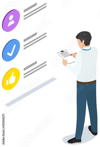 Man analysing messenger vector illusration. Sms messages, application for communication. Guy makes notes in clipboard and studies program, social network in background. Employee works with data