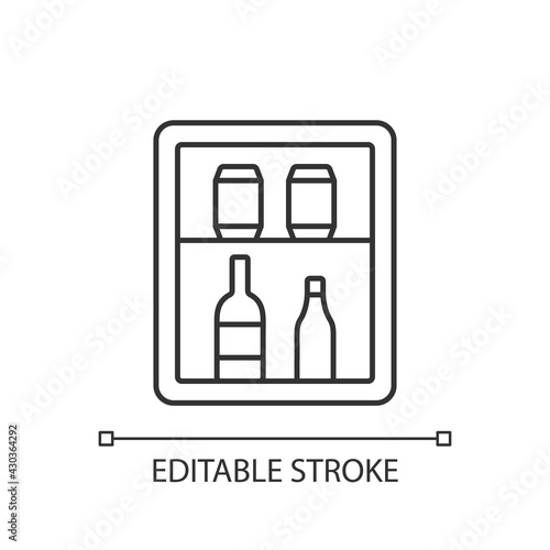 Mini bar linear icon. Small refrigerator in hotel room or cruise ship stateroom. Thin line customizable illustration. Contour symbol. Vector isolated outline drawing. Editable stroke