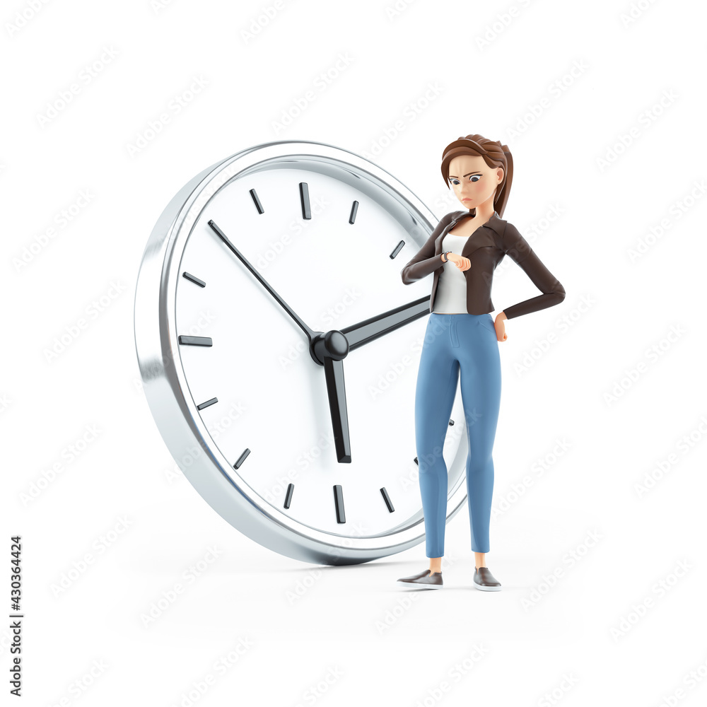 3d impatient cartoon woman standing in front of clock - obrazy, fototapety, plakaty 