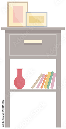 Wooden commode with drawers isolated on white background. Interior element made of wood. Chest of drawers vector illustration. Furniture for room interior design. Photo frames with pictures on closet