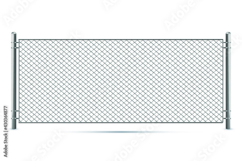 Metal chain link fence, segment of rabitz grid isolated on white background. Realistic illustration of steel wire mesh, security barrier for prison, military chainlink boundary. Eps 10 vector.