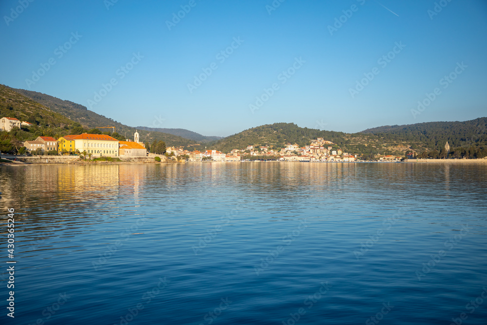 View from water of mediterranean town Vis without tourists. Yachtind destination, island Vis, Croatia