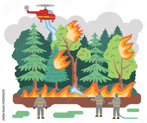 Fire in forest flat vector illustration, trees engulfed in flames