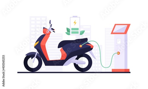 Charging electric motorcycle and touchpad displaying charging information. Environmentally-conscious travel choices, including electric vehicles, scooters, and bicycles. Eco-friendly transportation