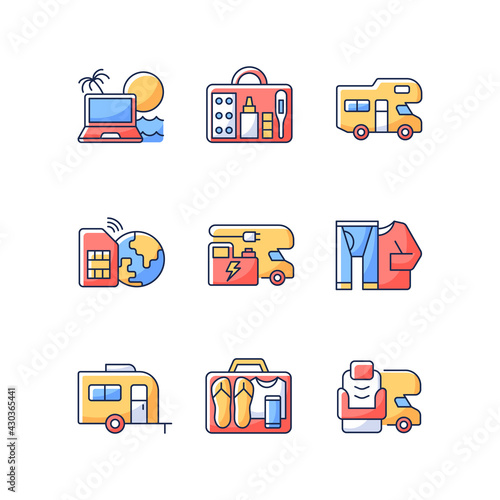 Travel RGB color icons set. Recreational vehicle. Campground for RV. Roadtrip gear. Nomadic lifestyle. Camping trip necessities for traveler. Summer vacation. Isolated vector illustrations