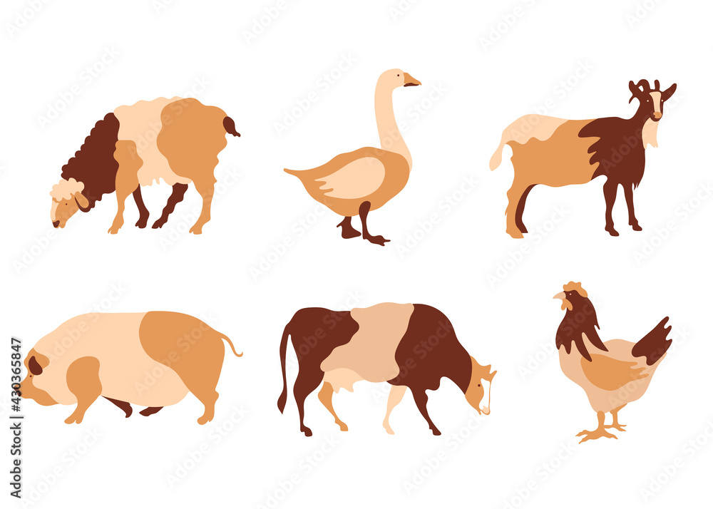 Cow, sheep, goose, goat, pig and chicken. Silhouettes of farm animals.